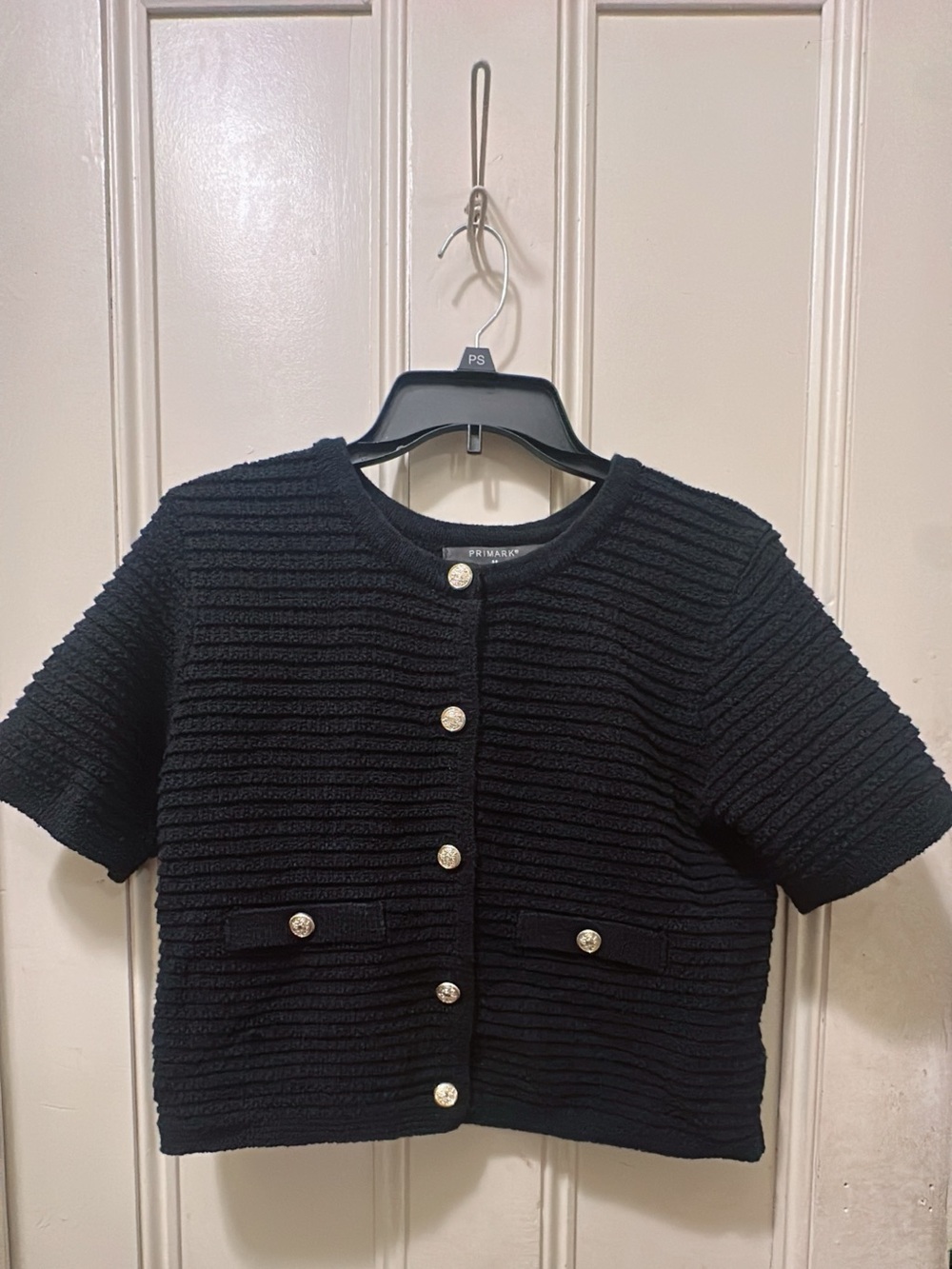 Primark Black Cropped Textured Short-Sleeve Jacket with Gold Buttons